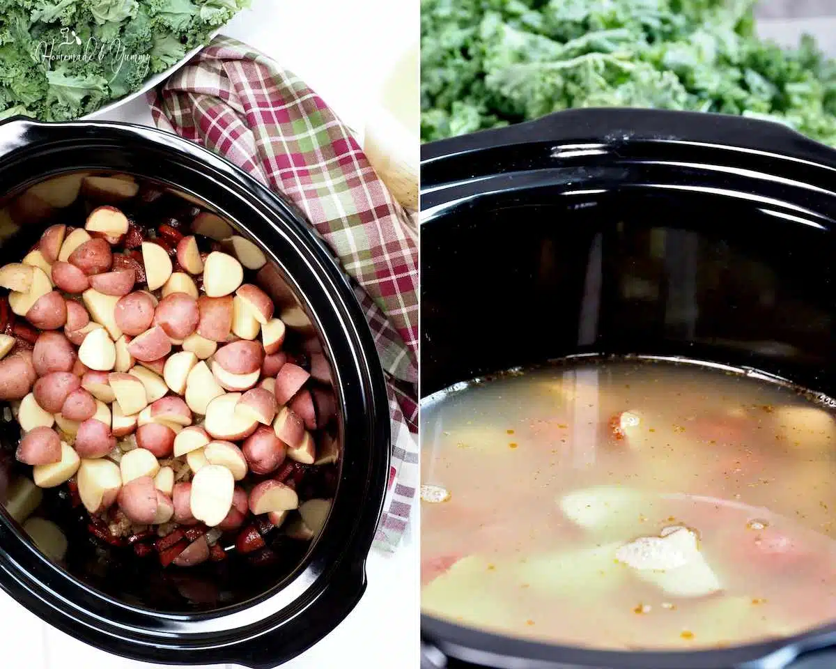 Collage image of steps 3 & 4 for the slow cooker kale soup.