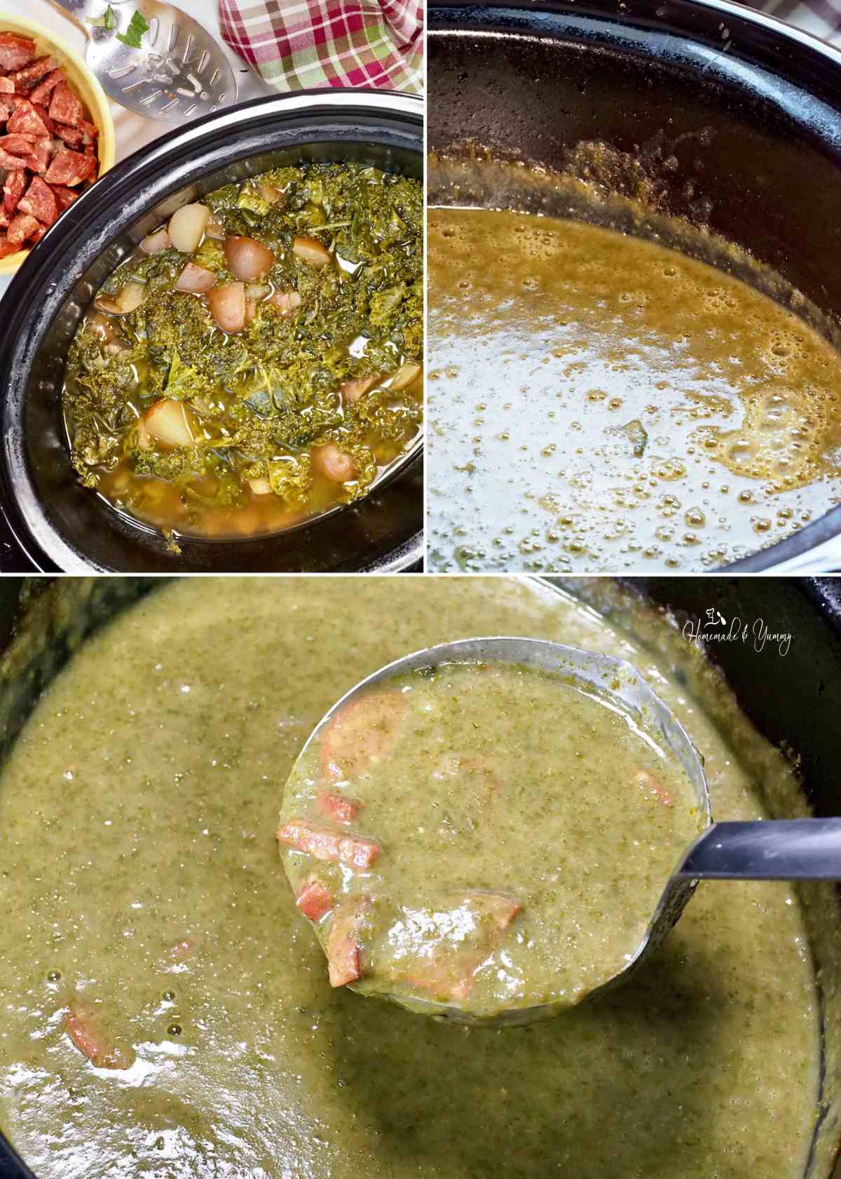 Collage of the finished soup from pre-blending to in the laddel.