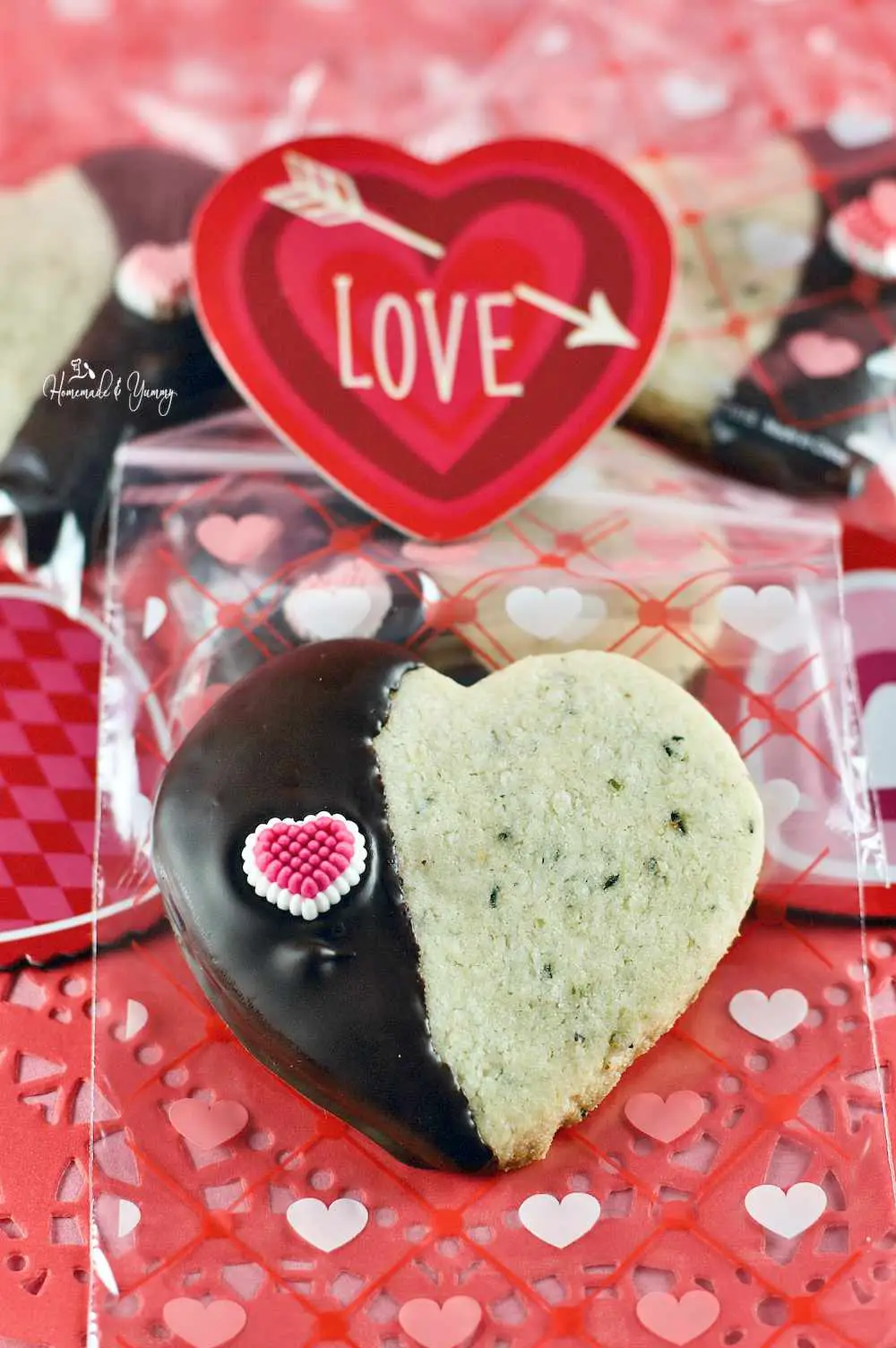 Valentine treat bag with a heart shaped cookie made with hemp seeds