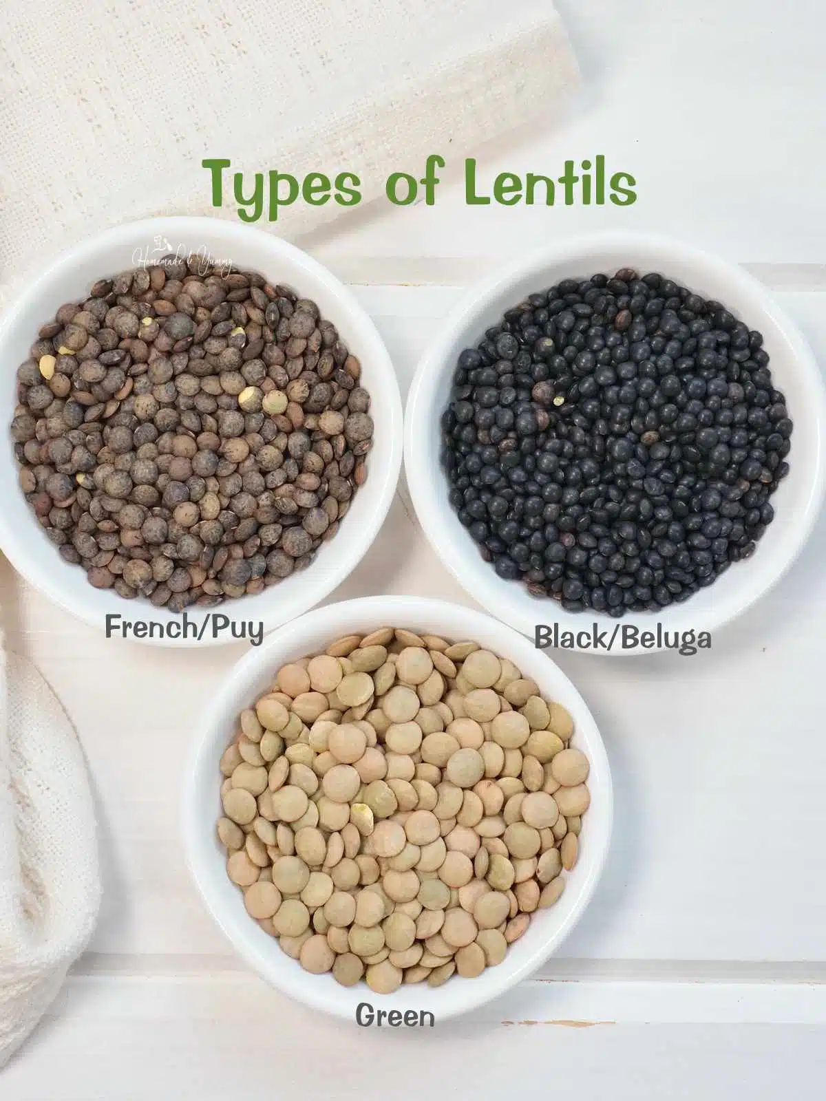 3 types of lentils, green, black and French
