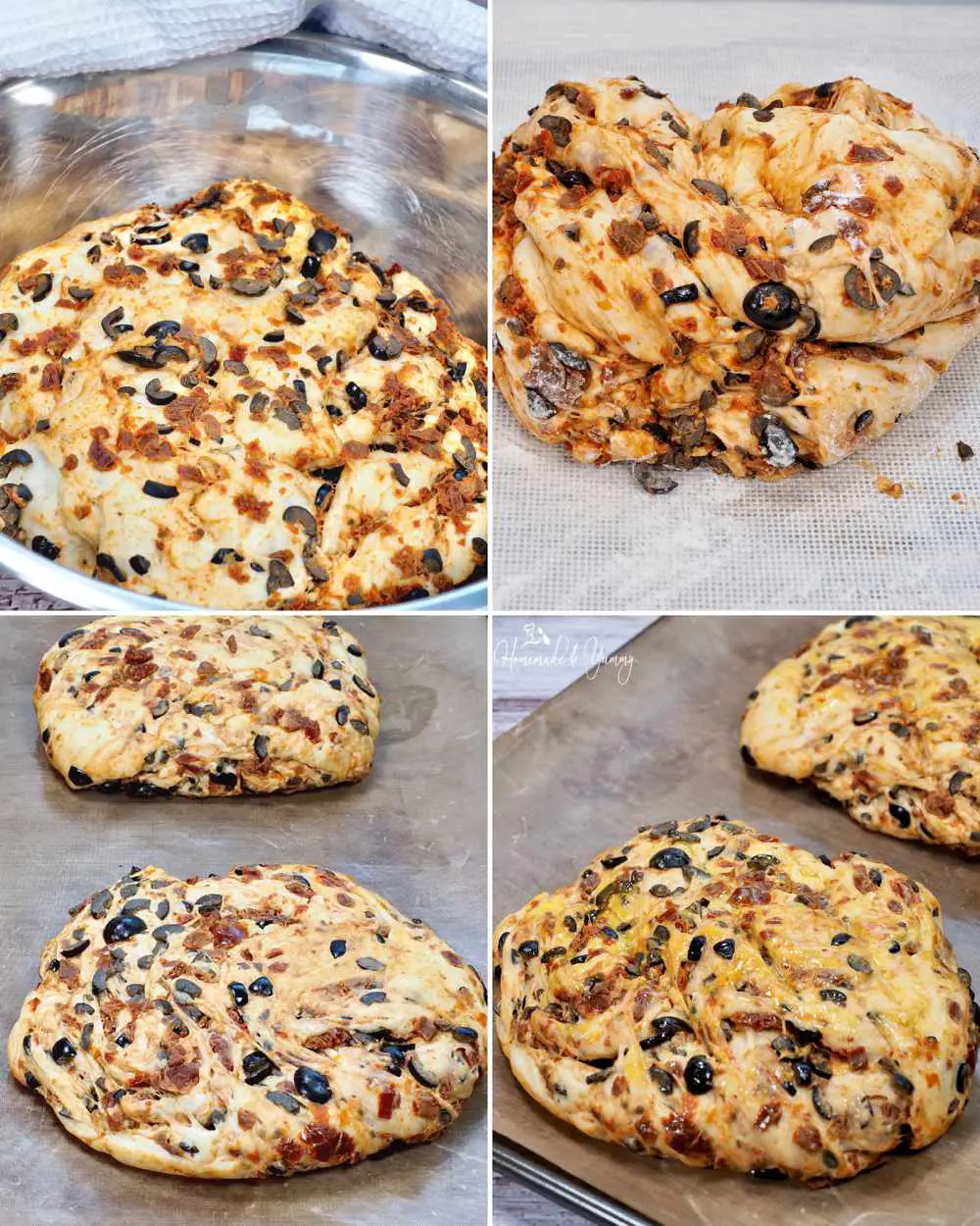 Collage steps for baking artisan olive bread