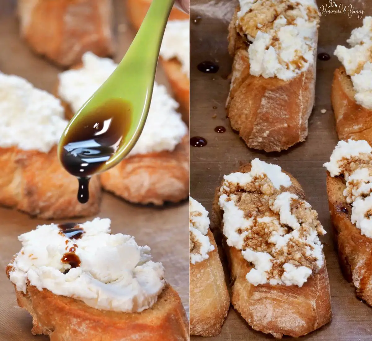 Topping bread appetizers with balsamic vinegar.