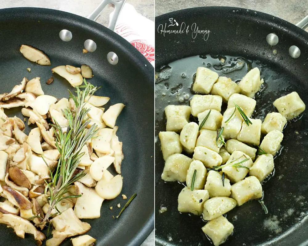Frying mushrooms and fresh homemade gnocchi in a pan.