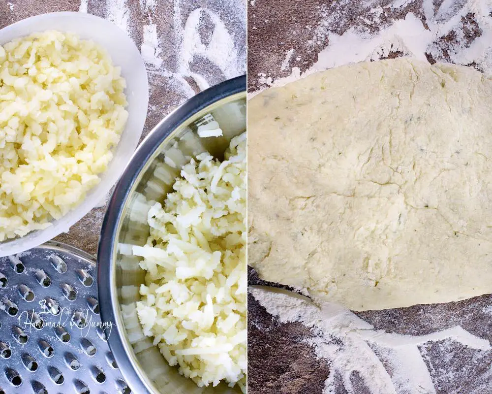 Making potato gnocchi dough .
