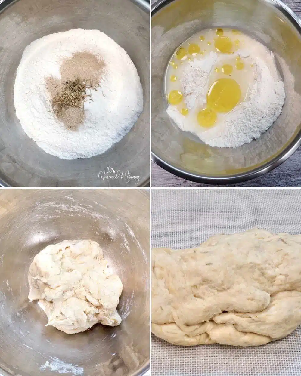 Collage for steps for making bread dough