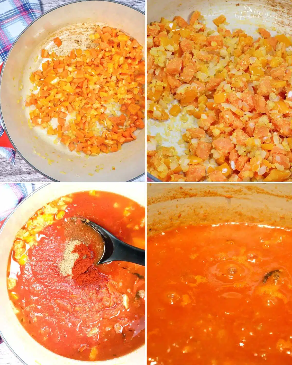 A collage showing the the first few steps in making crab and tomato soup.