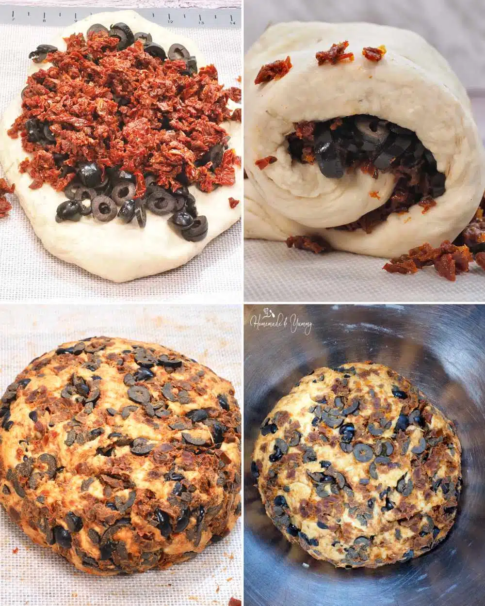 Collage steps for kneading and forming tomato olive bread