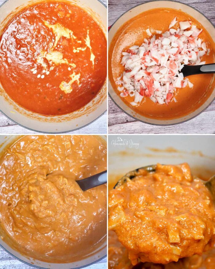 A collage of the final steps in the homemade tomato crab bisque.