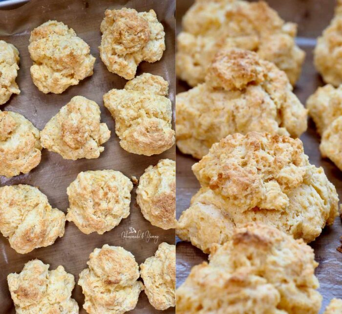 Collage of drop biscuits right out of the oven.