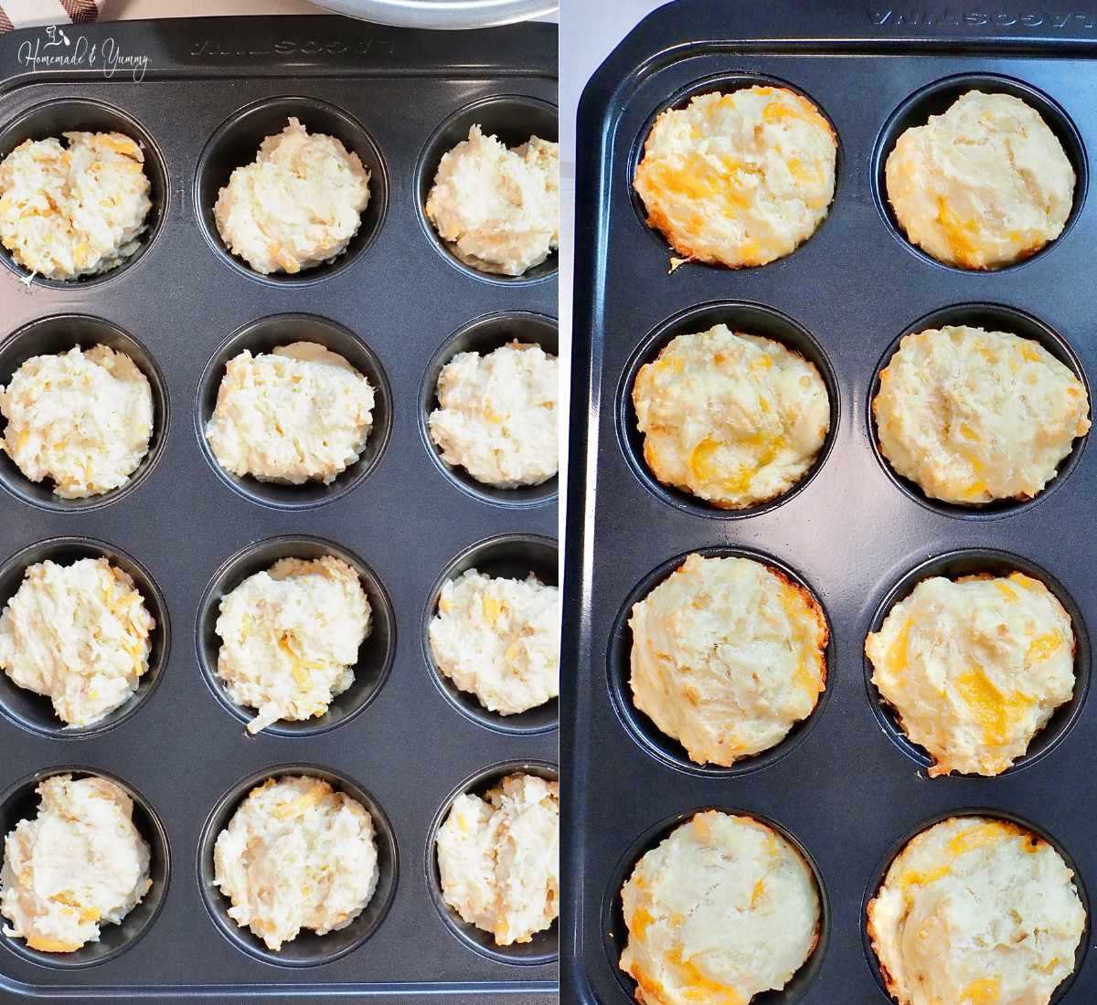 The batter in the muffin tin before and after baking.