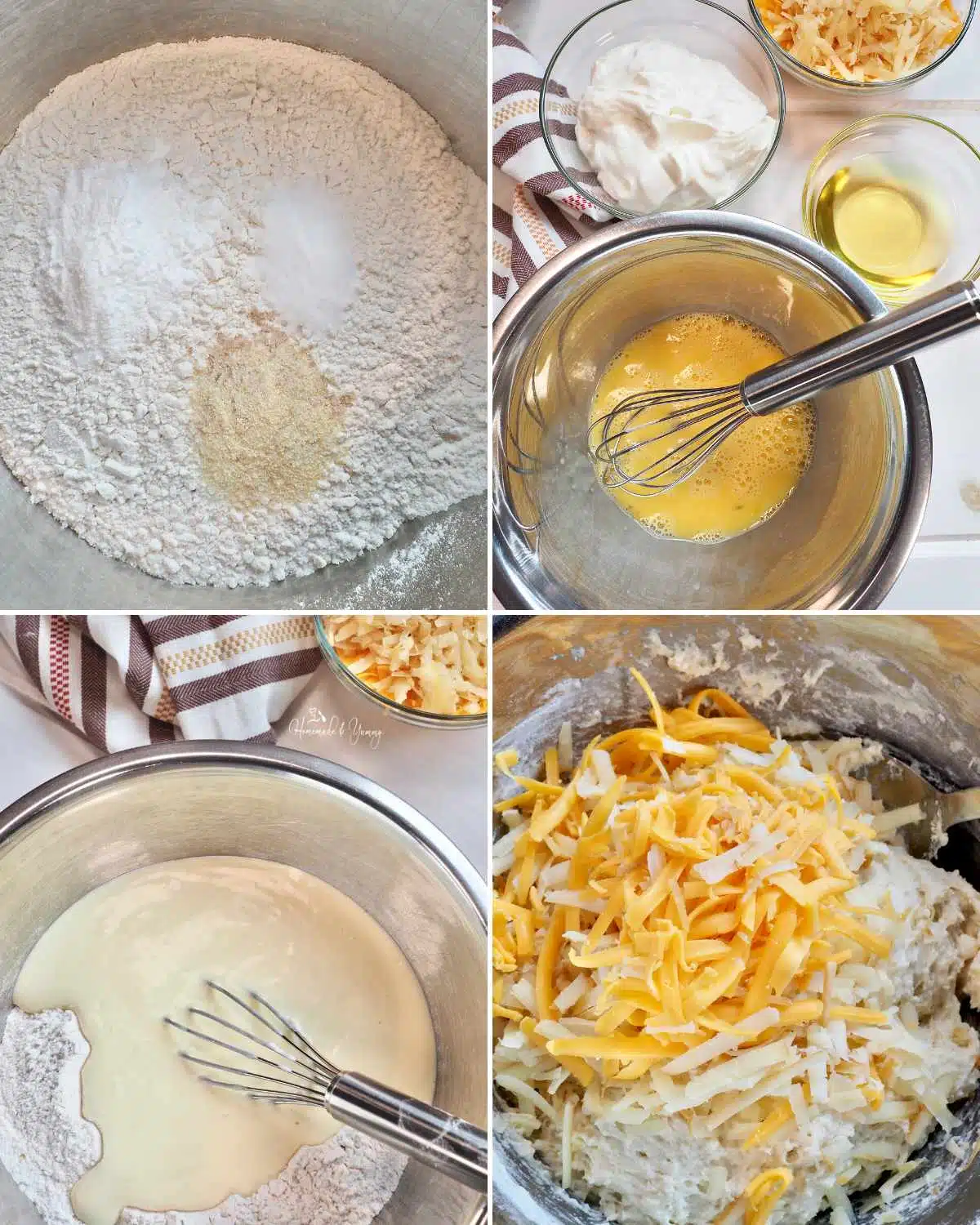 Collage of the first four steps in mixing the muffin batter.