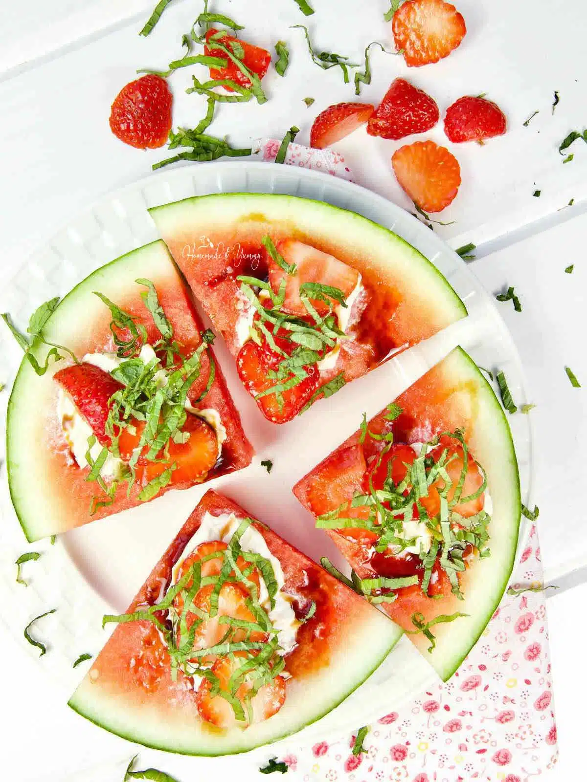 Watermelon Pizza with ricotta cheese, strawberries, balsamic and basil.