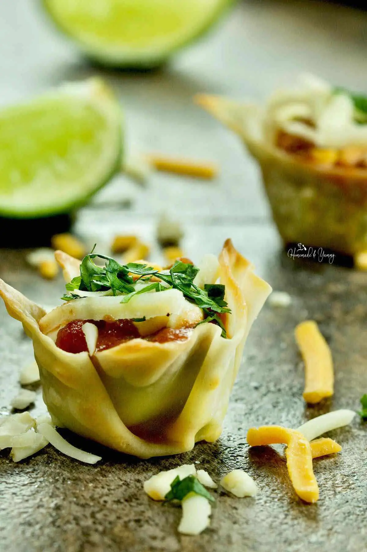 Easy Guacamole Appetizer made with wonton wrappers.
