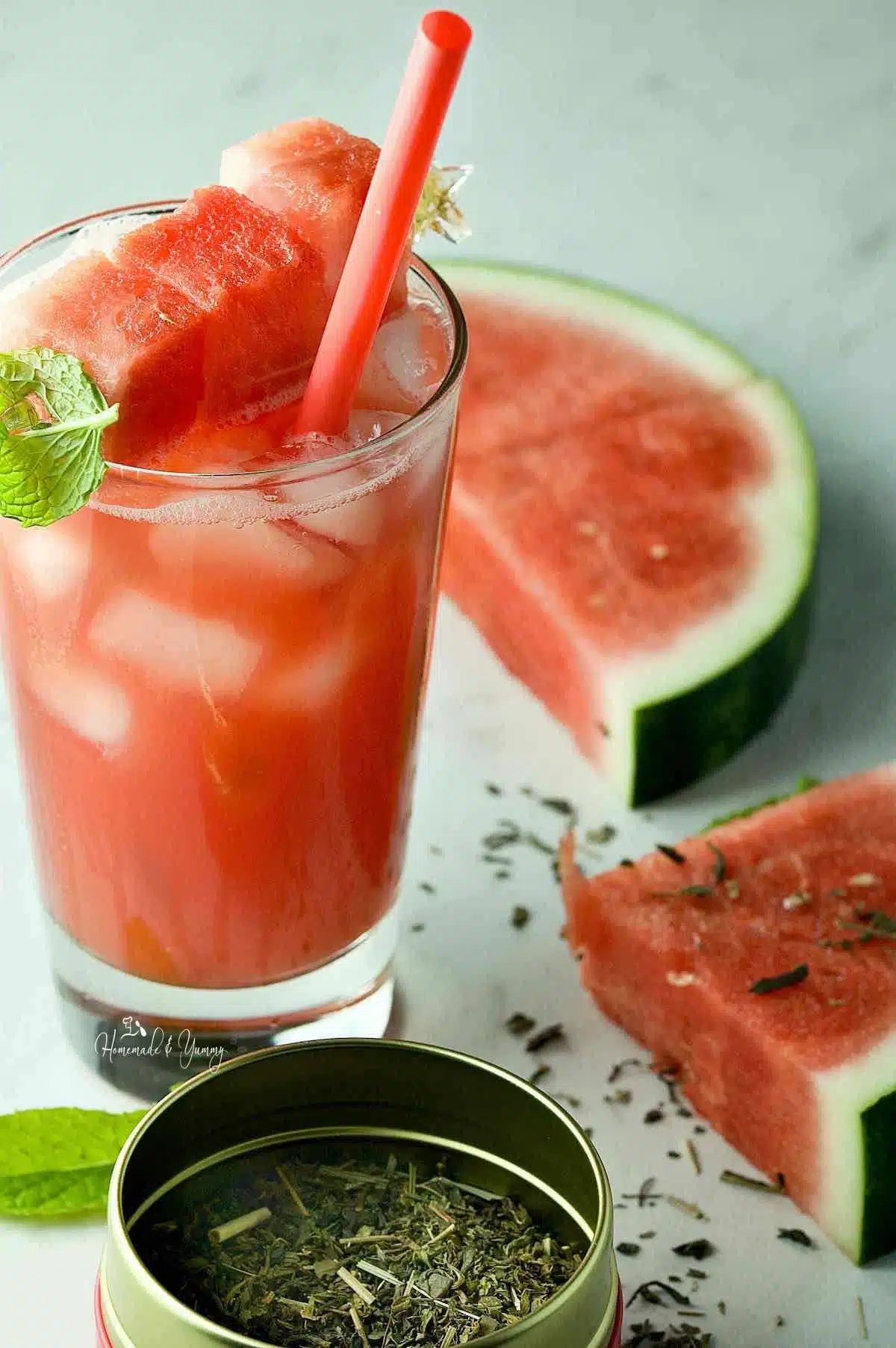 Watermelon juice blended with mint tea.