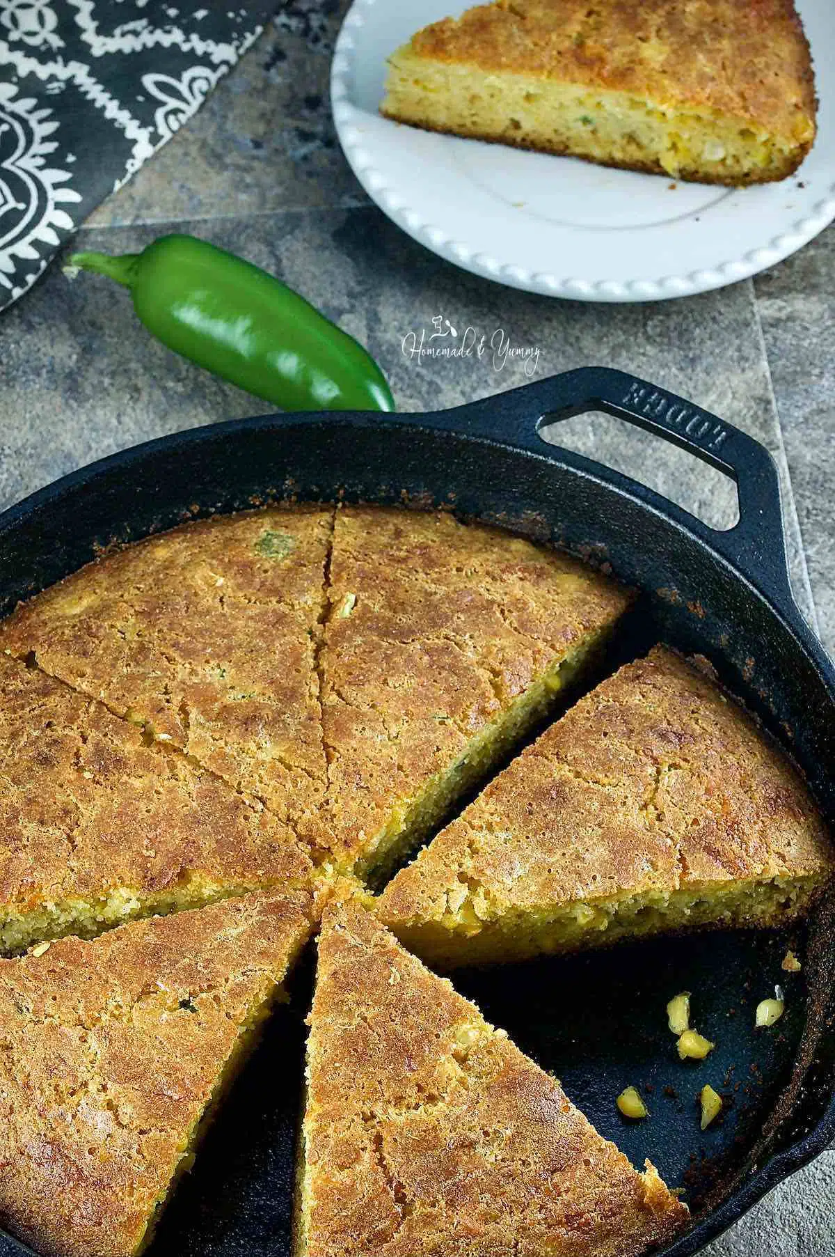 Jalapeno Cornbread made in a cast iron skillet.