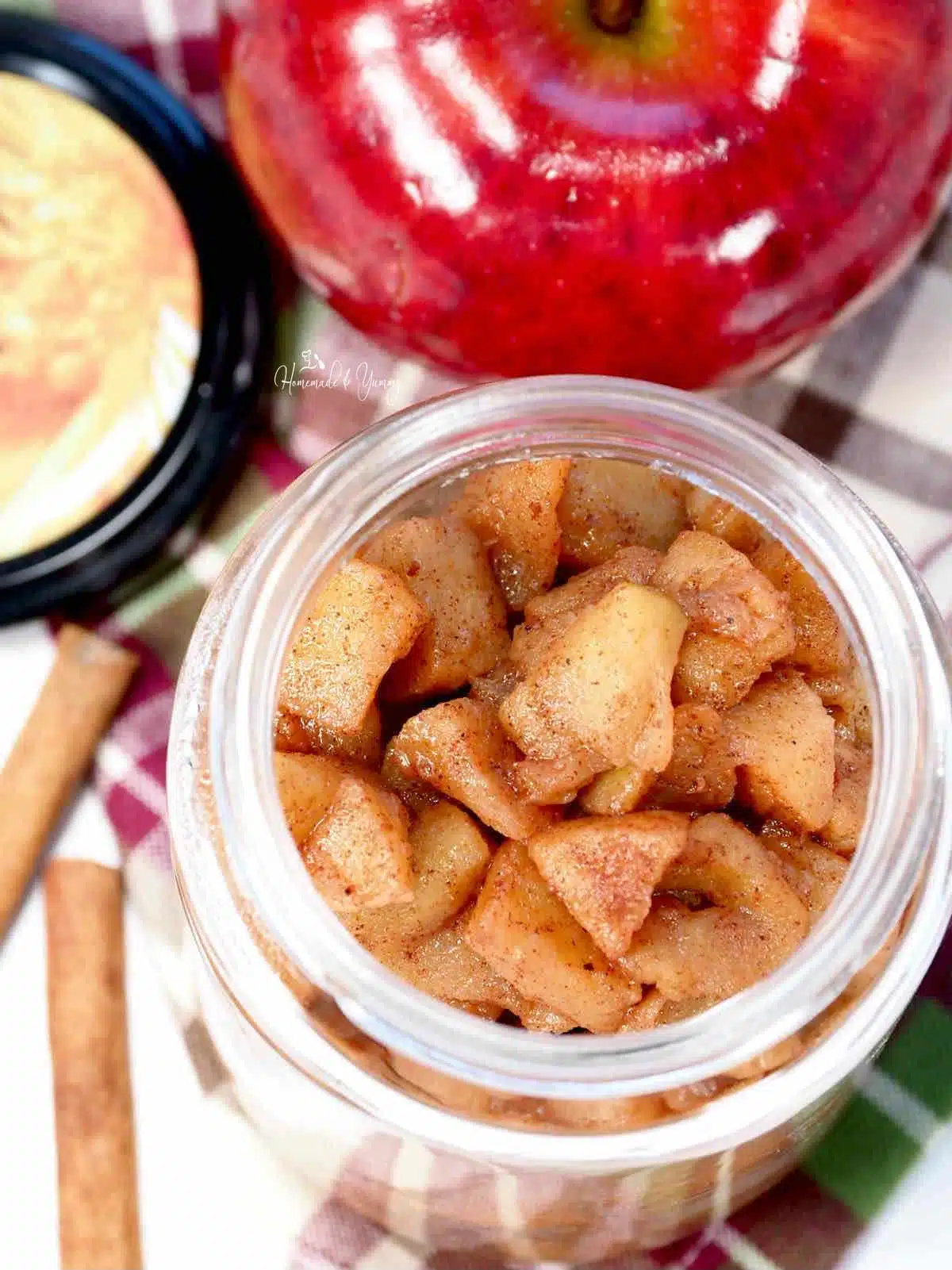 Spiced apple topping in a jar ready to eat.