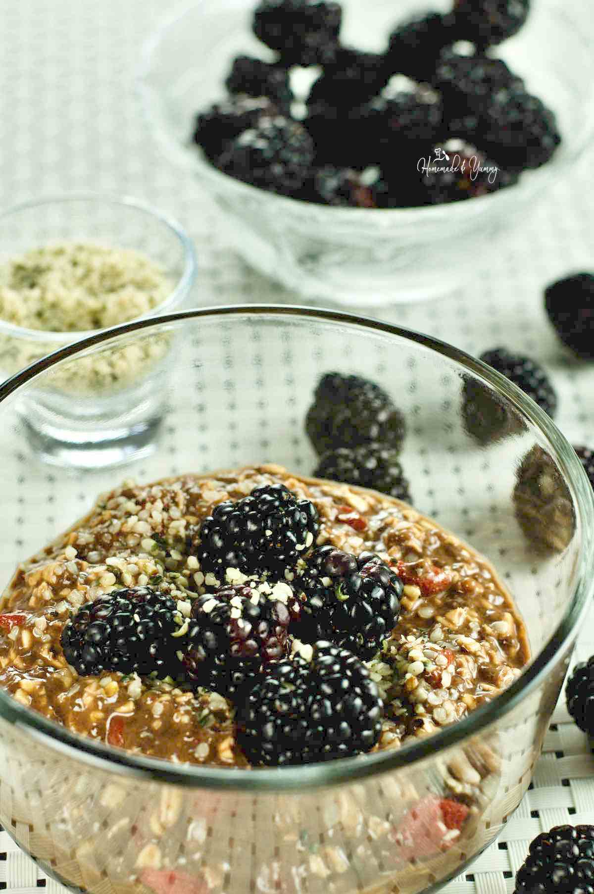Overnight Chocolate Oats topped with blackberries.