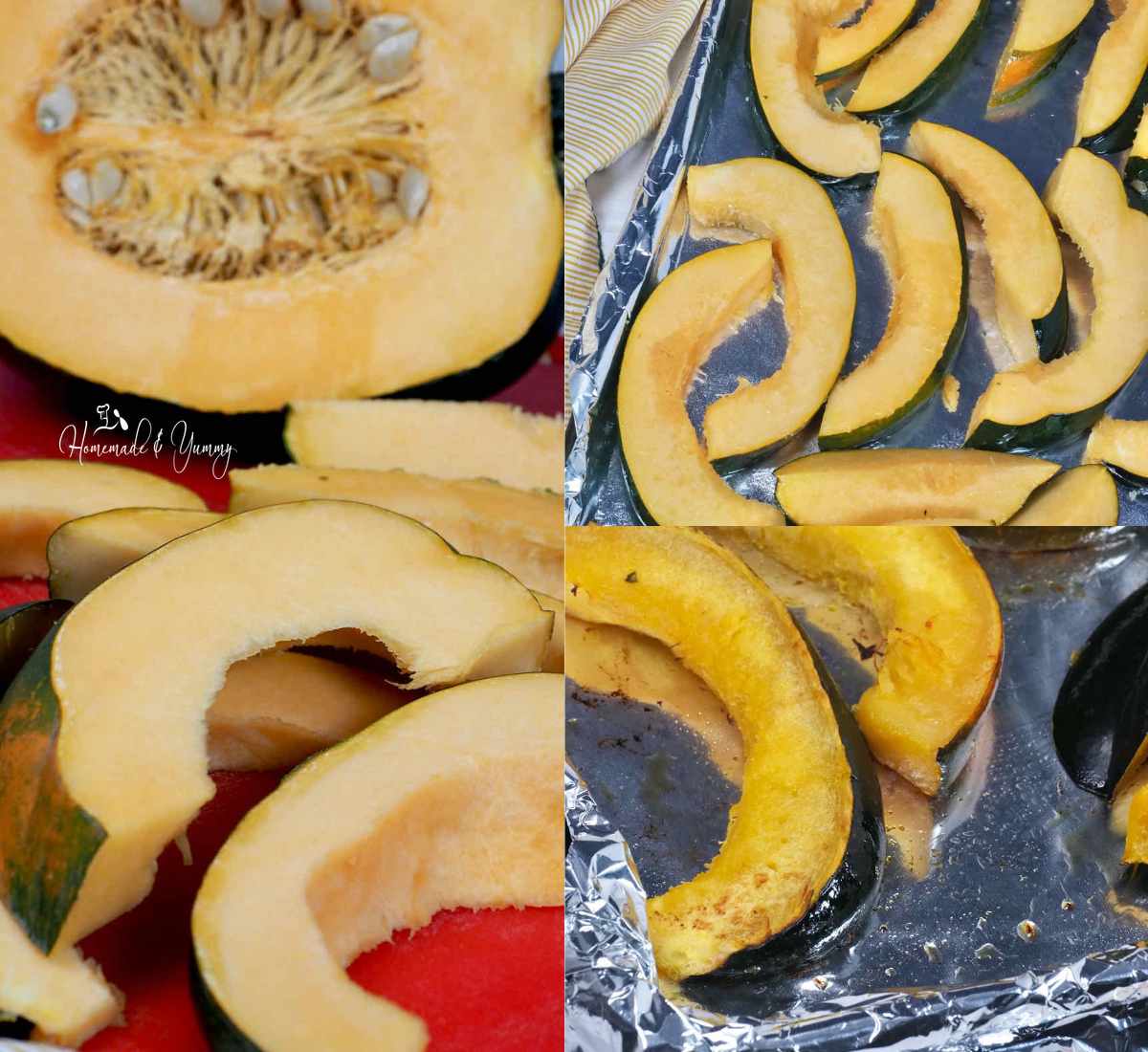 Steps 1 to 3 on how to roast slices of squash.