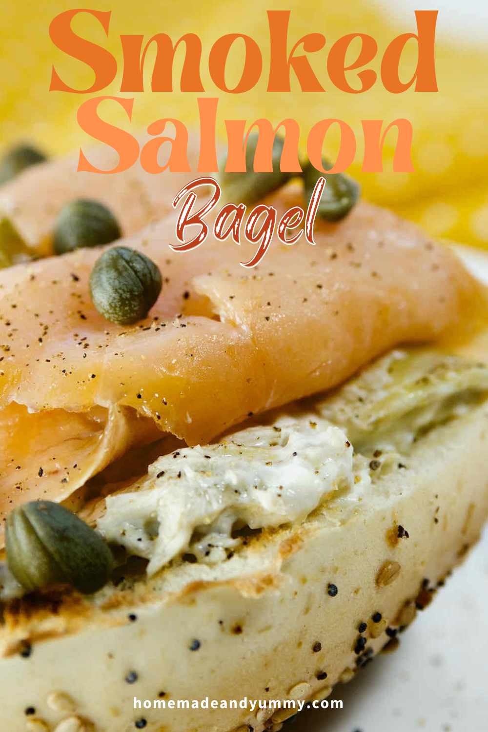 Bagel with cream cheese and salmon pin image.