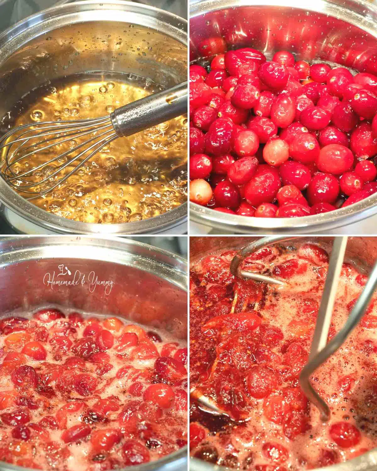 Collage of steps involved to cook the cranberries into a sauce.
