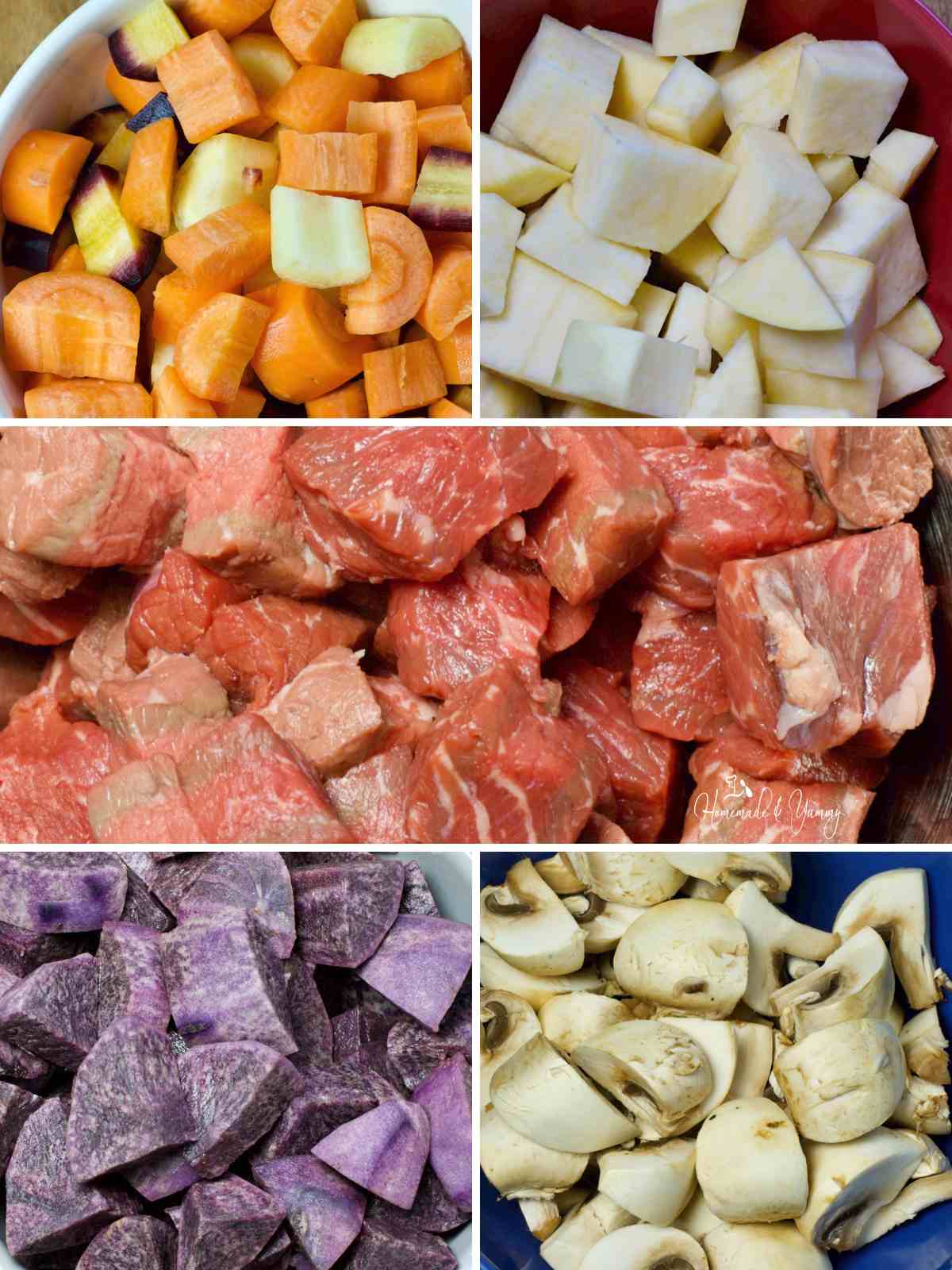 Collage of traditional ingredients needed for this stew recipe.