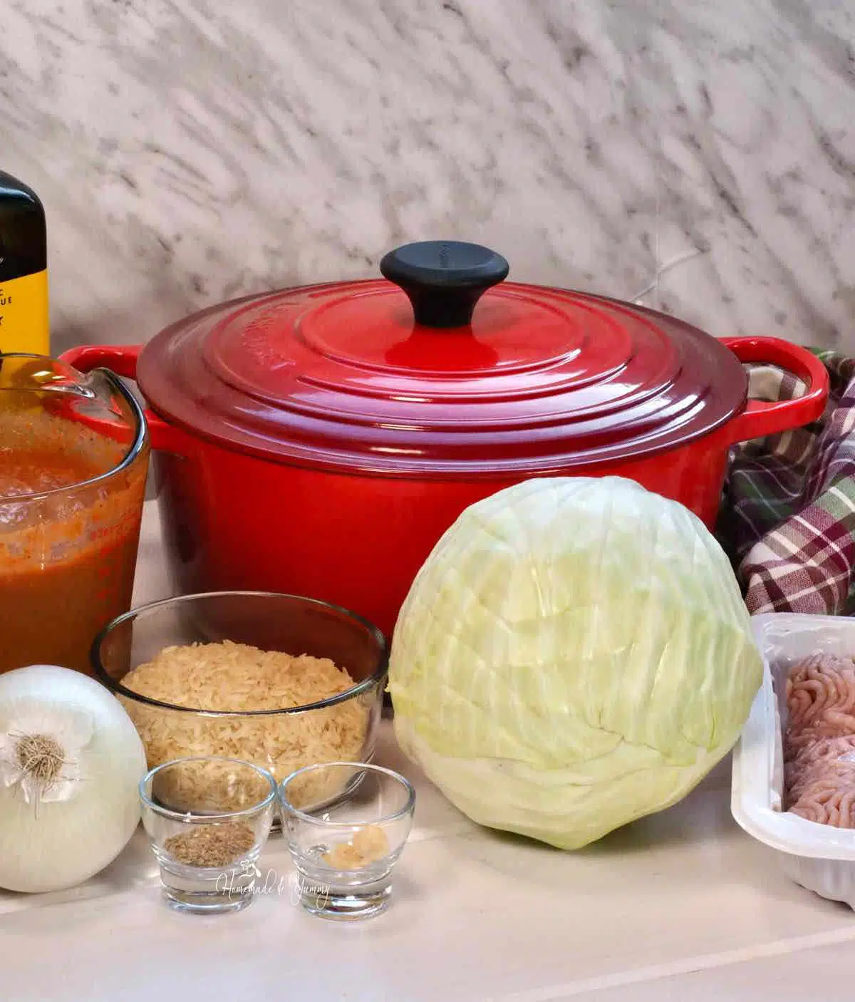 Ingredients to make unstuffed cabbage roll casserole.