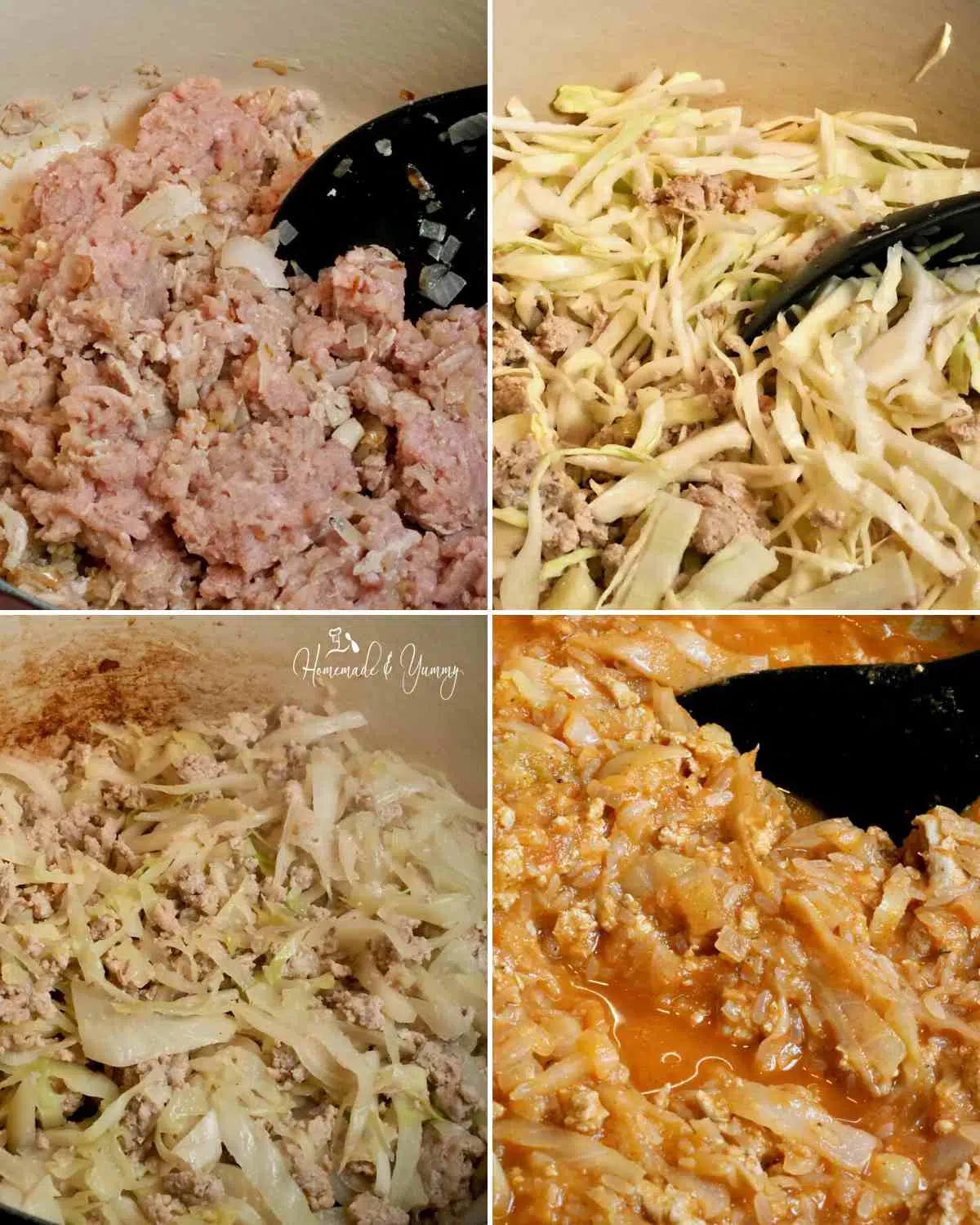 Collage of steps involved to make lazy cabbage rolls Ukrainian style.