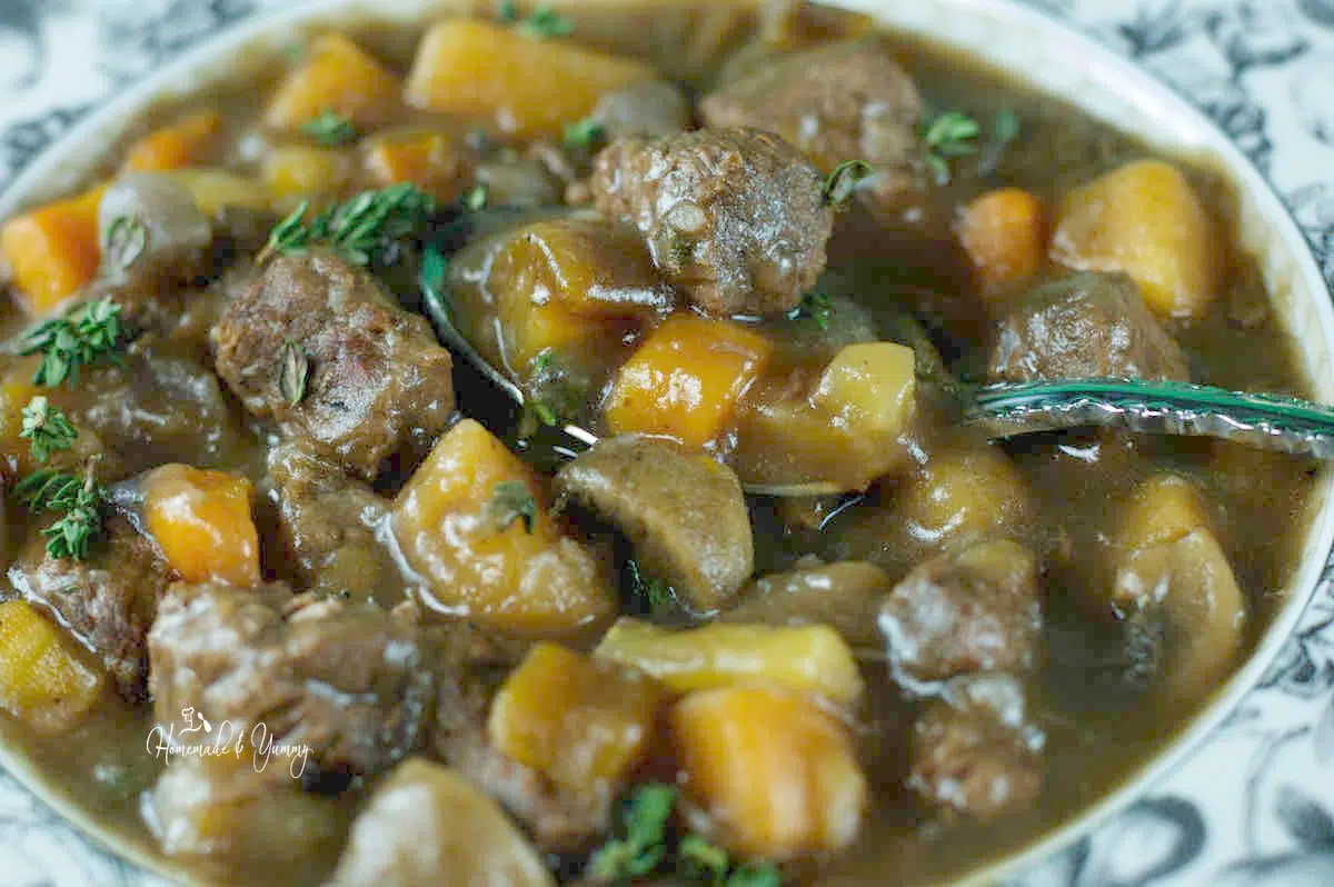 A bowl of beef stew ready to eat.