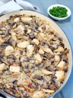 A casserole bake with barley, mushrooms and chicken.