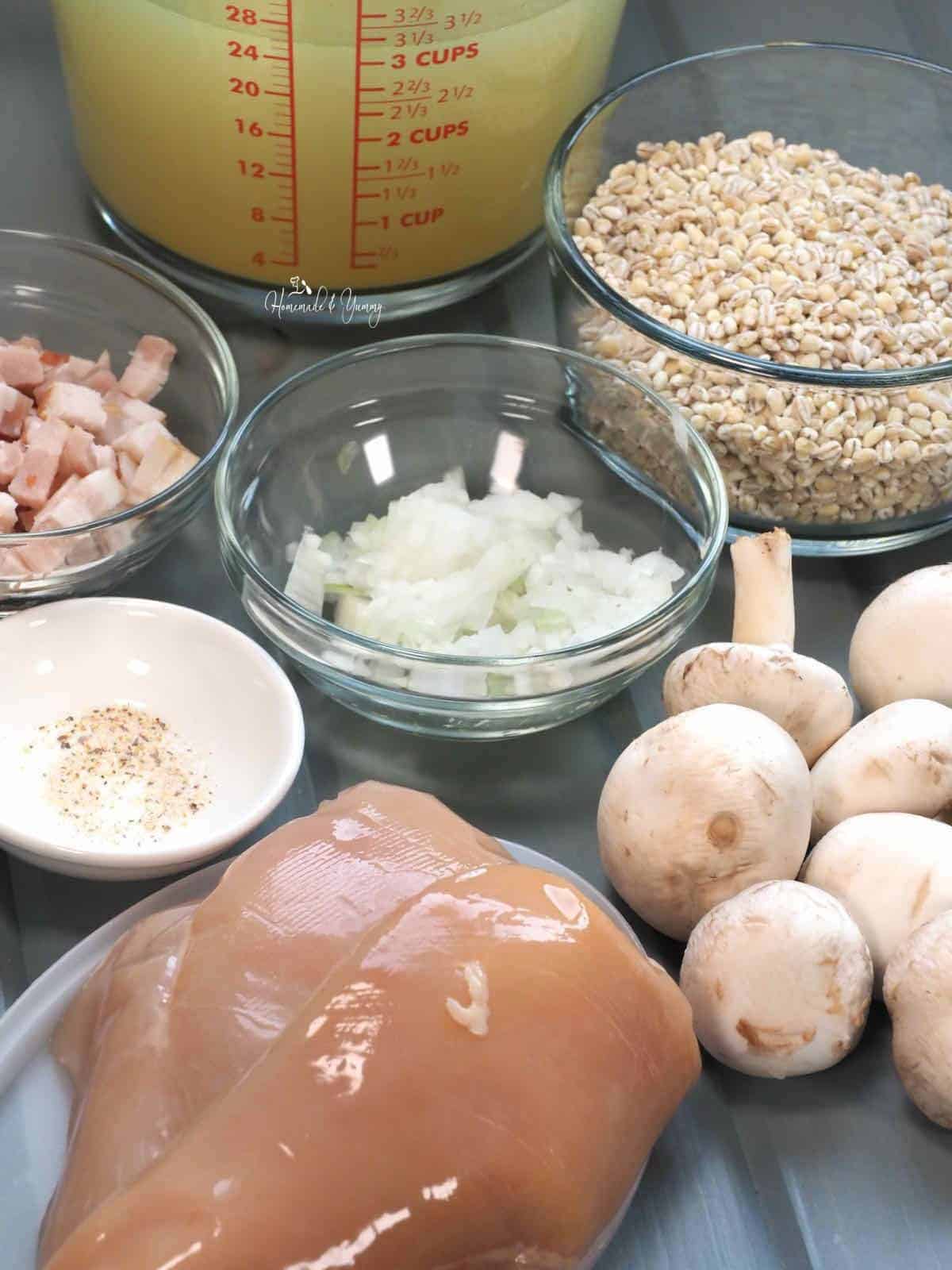 Ingredients to make the chicken and mushroom casserole with barley.
