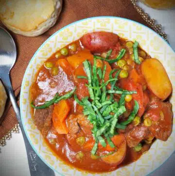 Lamb and Red Wine Stew in a bowl.