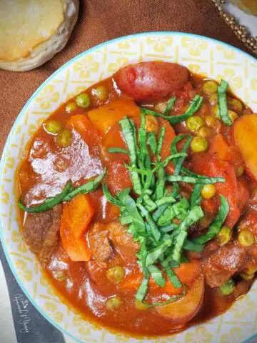 Lamb and Red Wine Stew in a bowl.