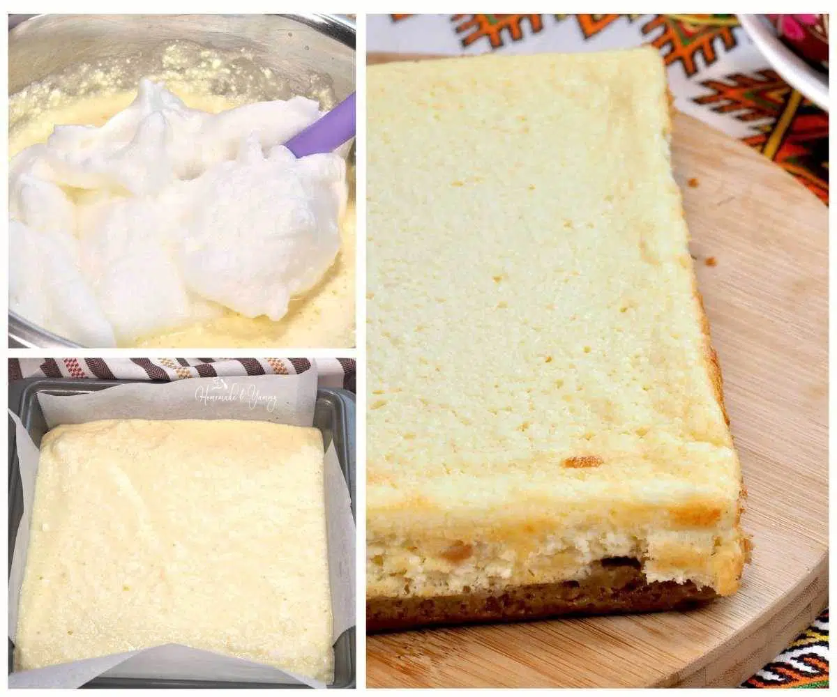 Cheesecake before and after baking.