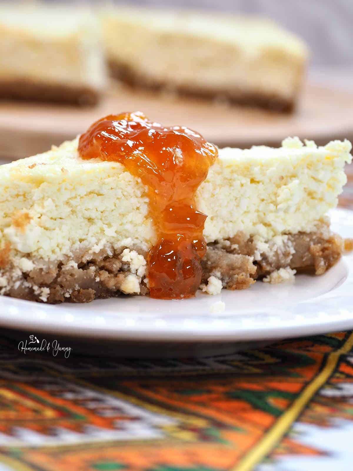 A slice of cheesecake made with dry cottage cheese.