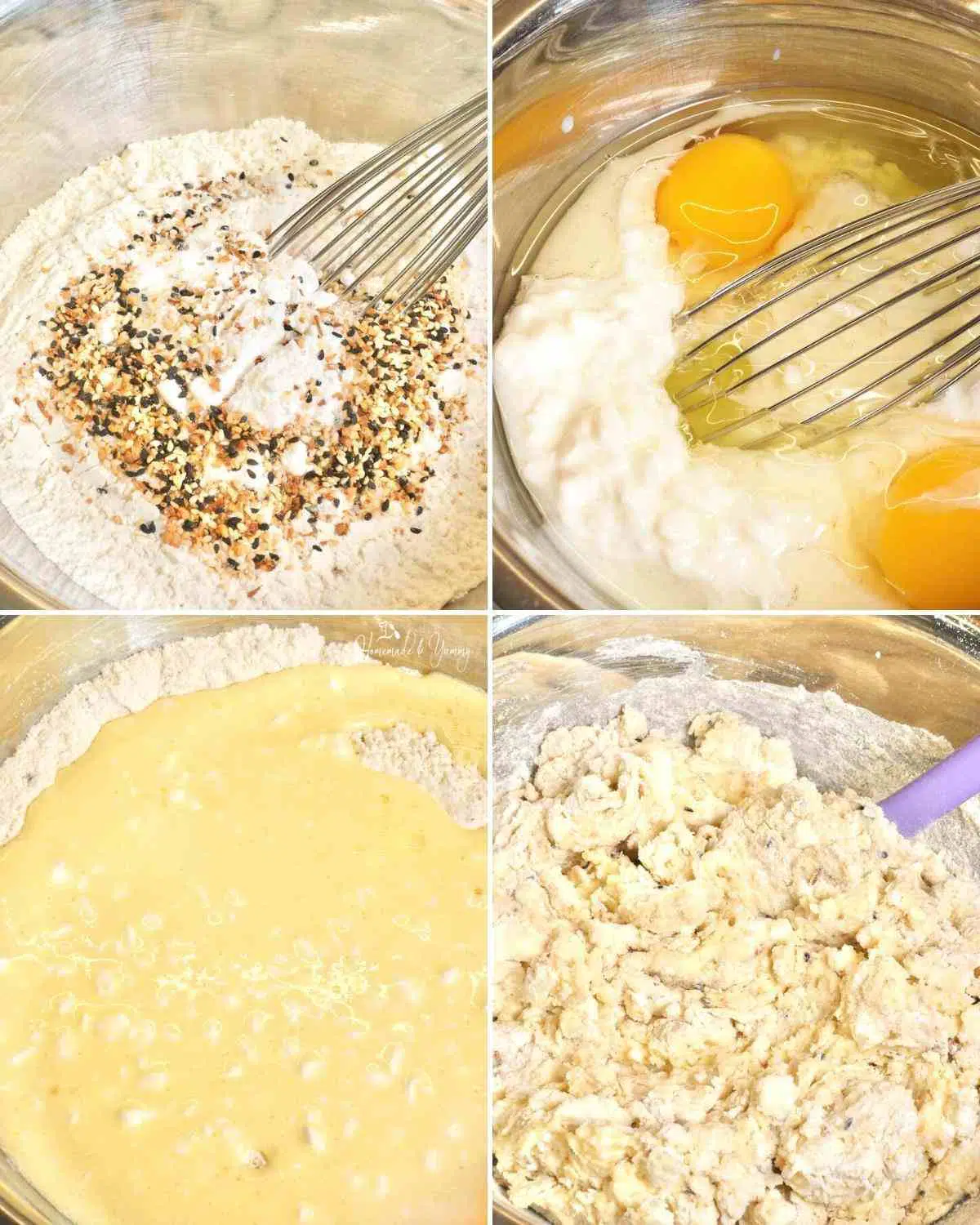 Steps in mixing the wet and dry biscuit ingredients.