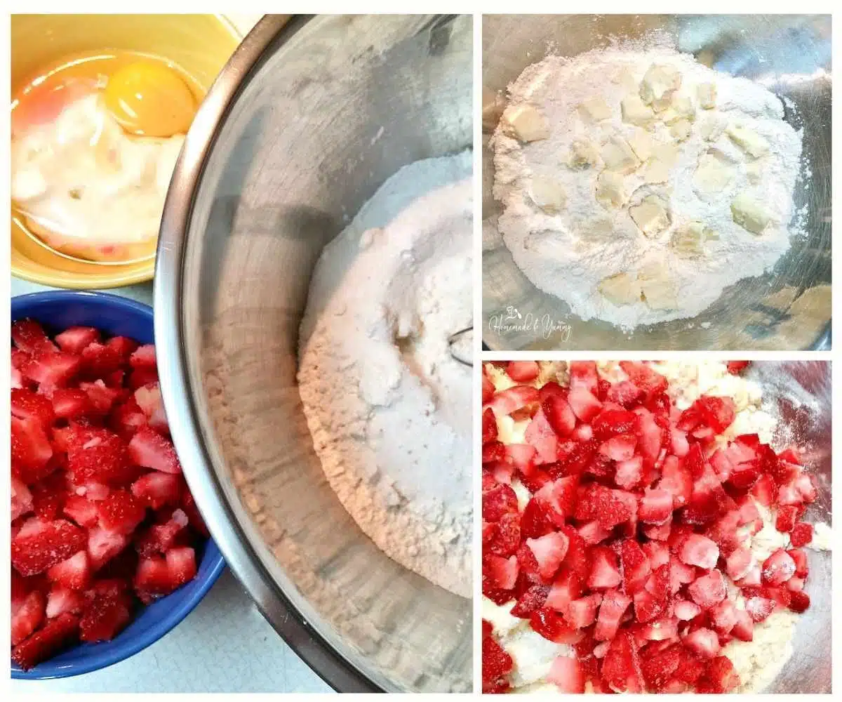 Steps to making scones with frozen strawberries.
