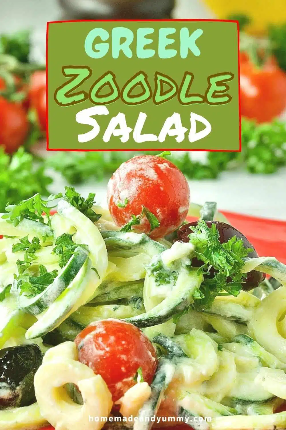 Creamy Greek Zoodle salad recipe.