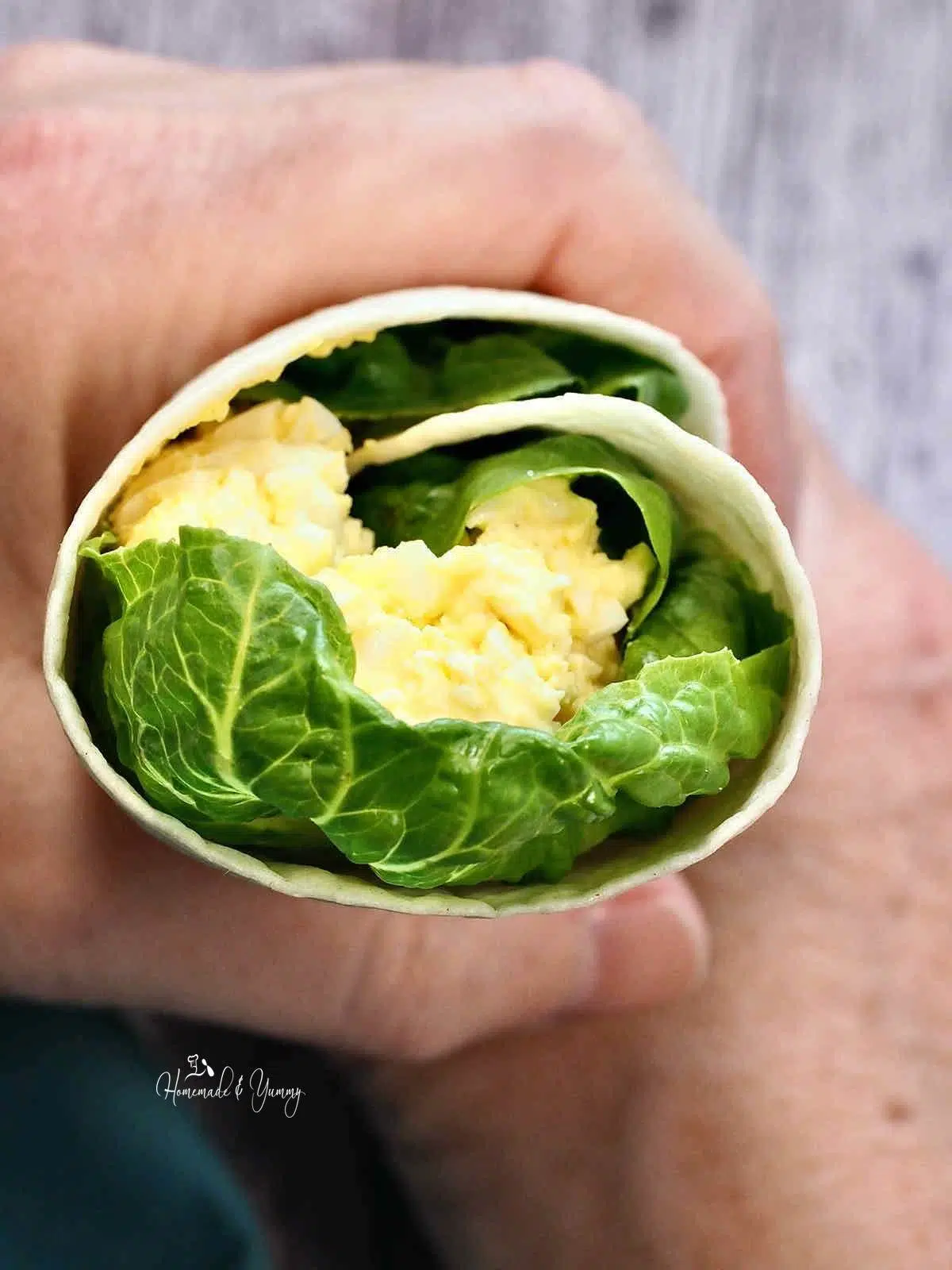 Holding a wrap filled with egg salad filling.
