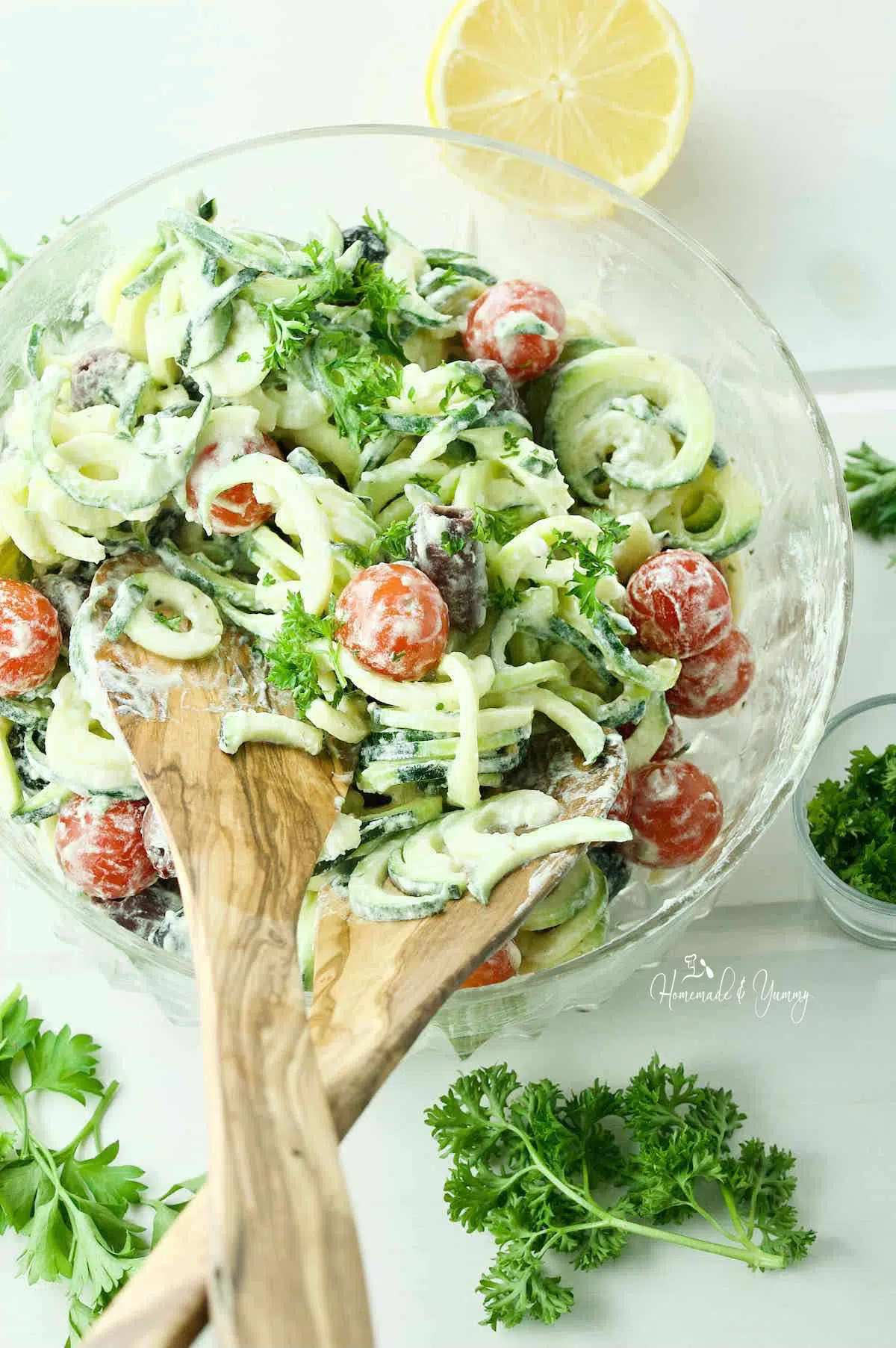 Greek Zoodle Salad made with creamy goat cheese.