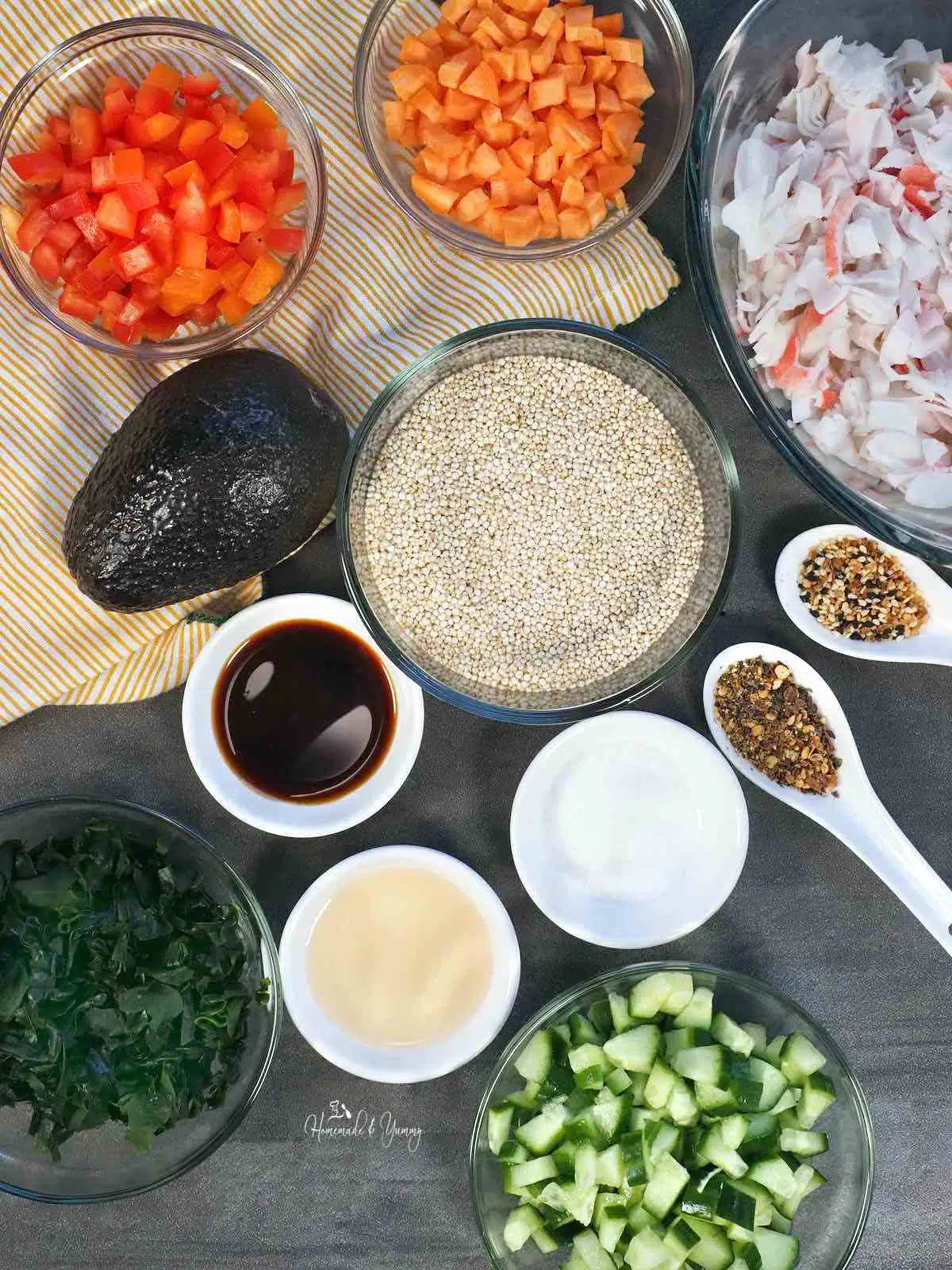 Ingredients to make a sushi quinoa salad. 