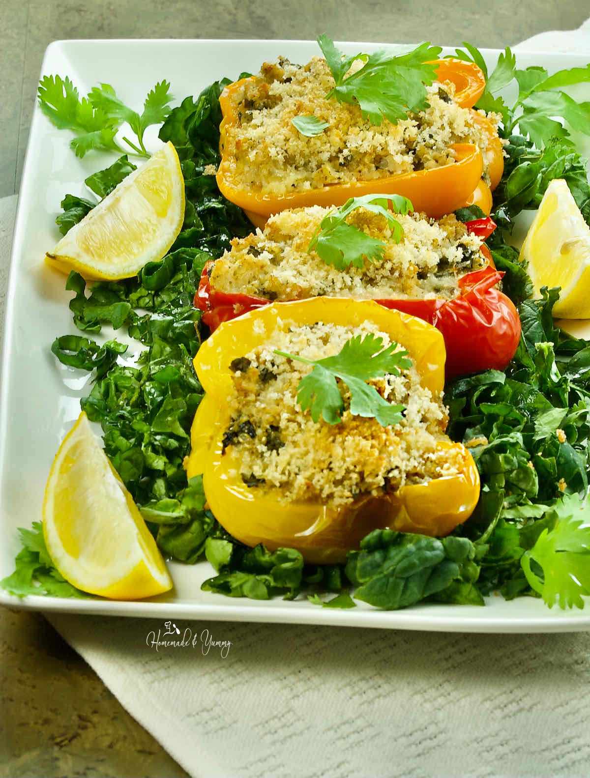 Meatless peppers stuffed with crab and quinoa ready to eat.