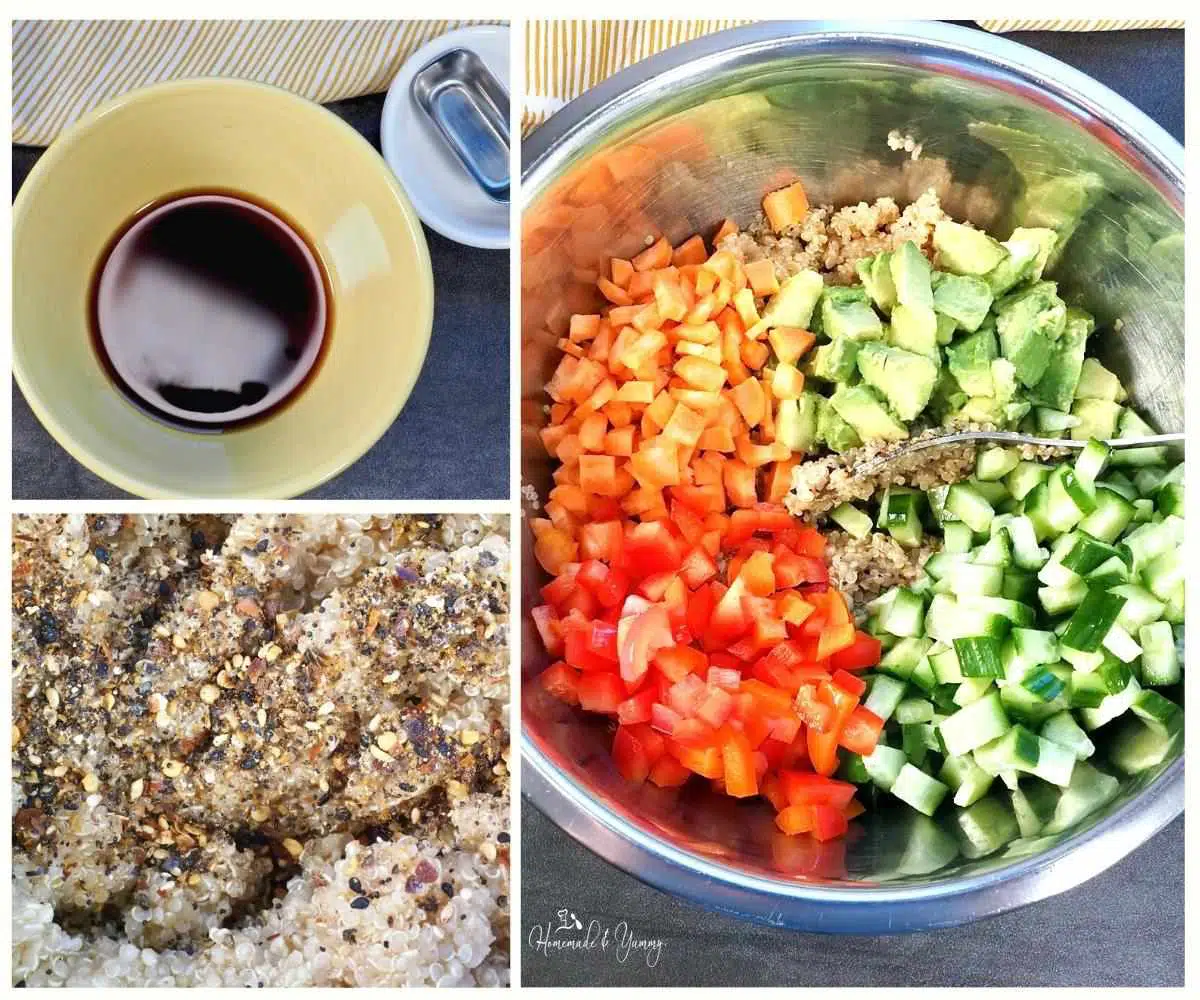 Steps in making a salad with sushi ingredients.