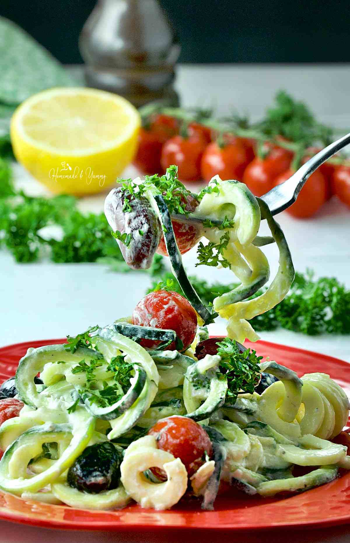 Spiral zucchini salad on a plate.