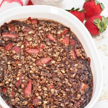 Baked Chocolate Strawberry Oatmeal casserole ready to eat.