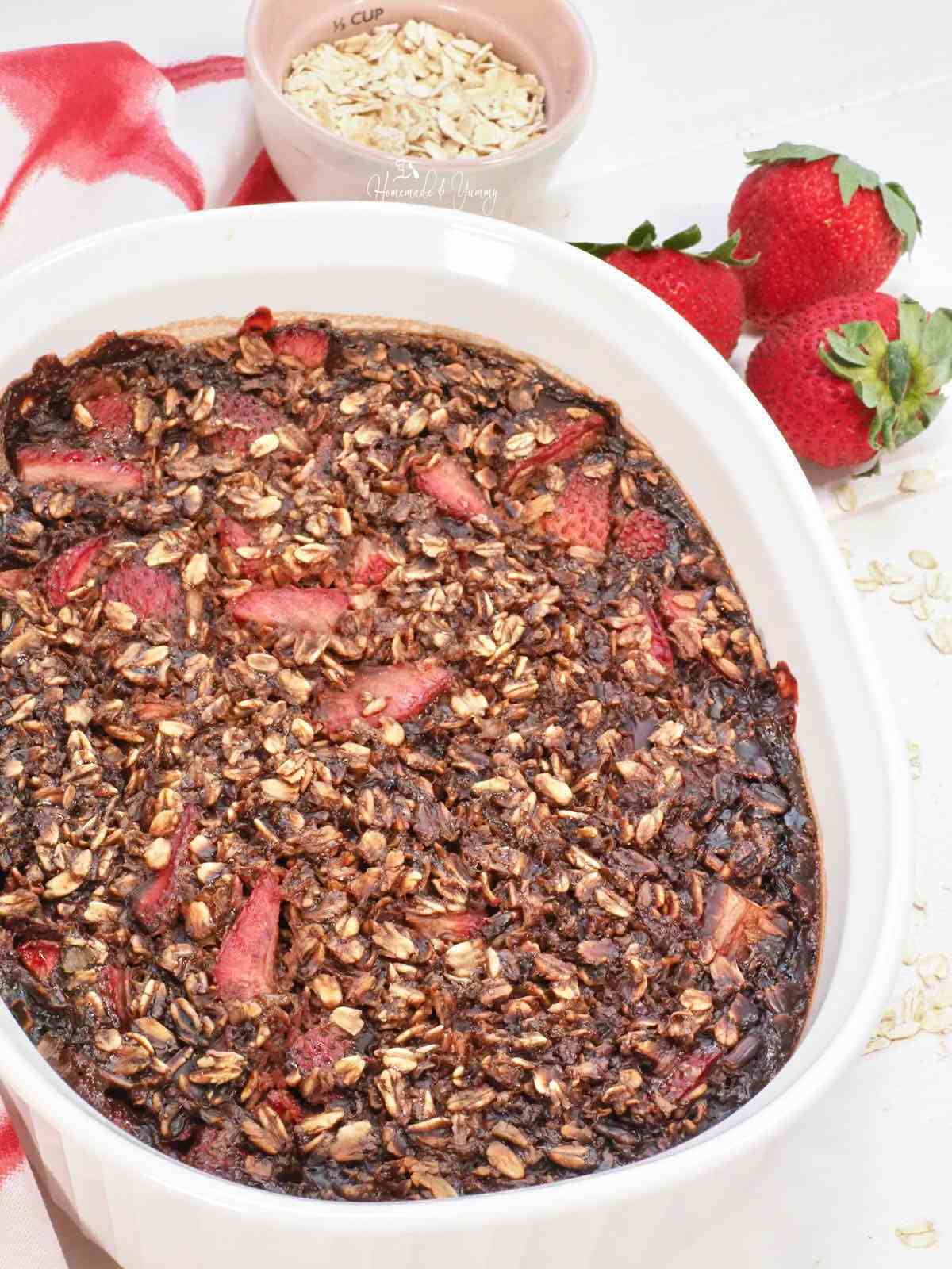 Baked Chocolate Strawberry Oatmeal casserole ready to eat.