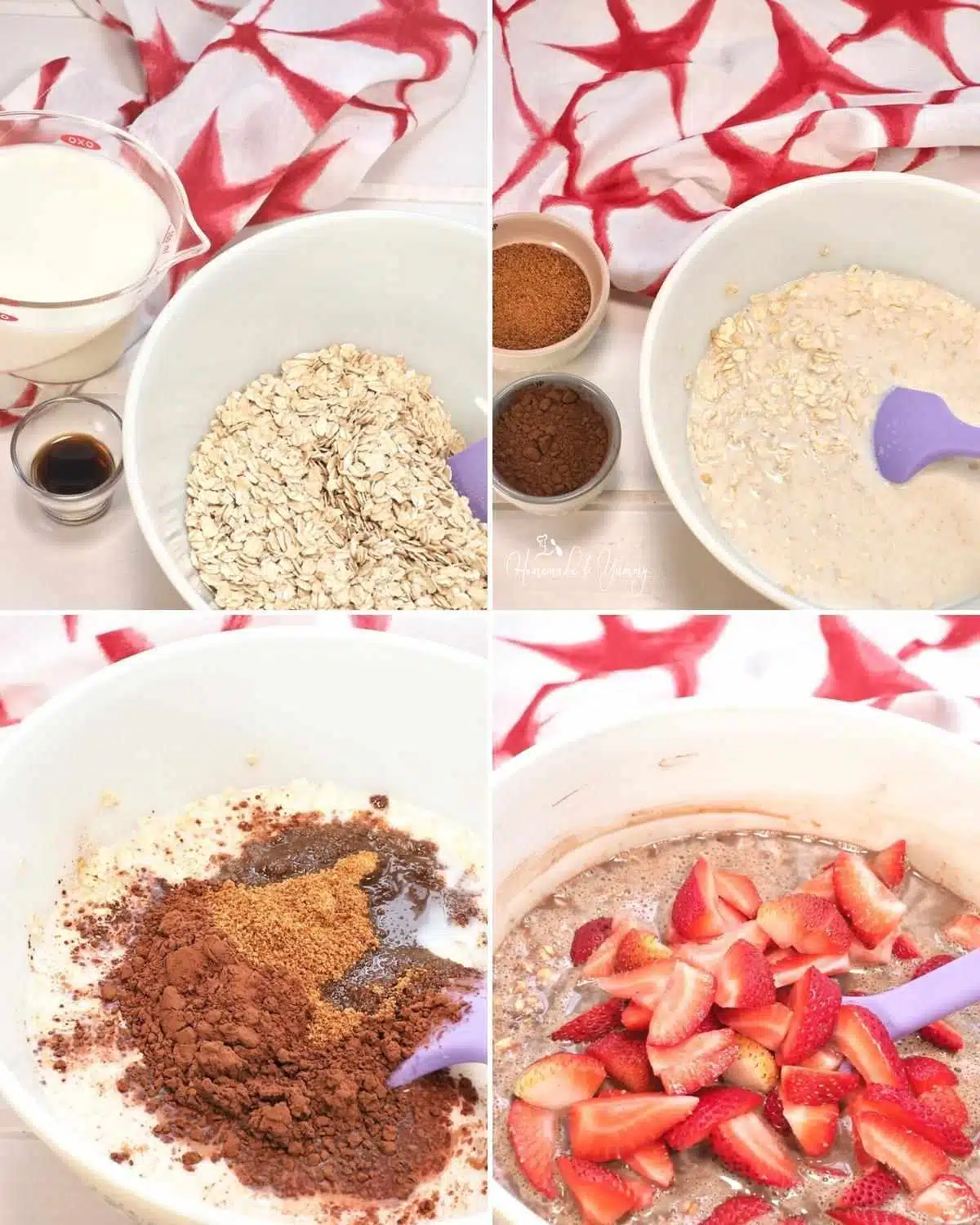Mixing the baked strawberry and chocolate oatmeal in a bowl.