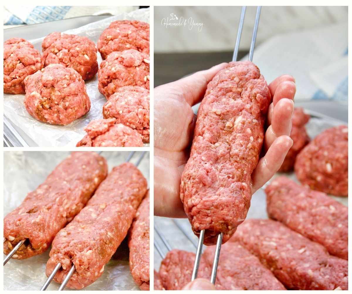 Steps in forming lamb kebabs for the grill.