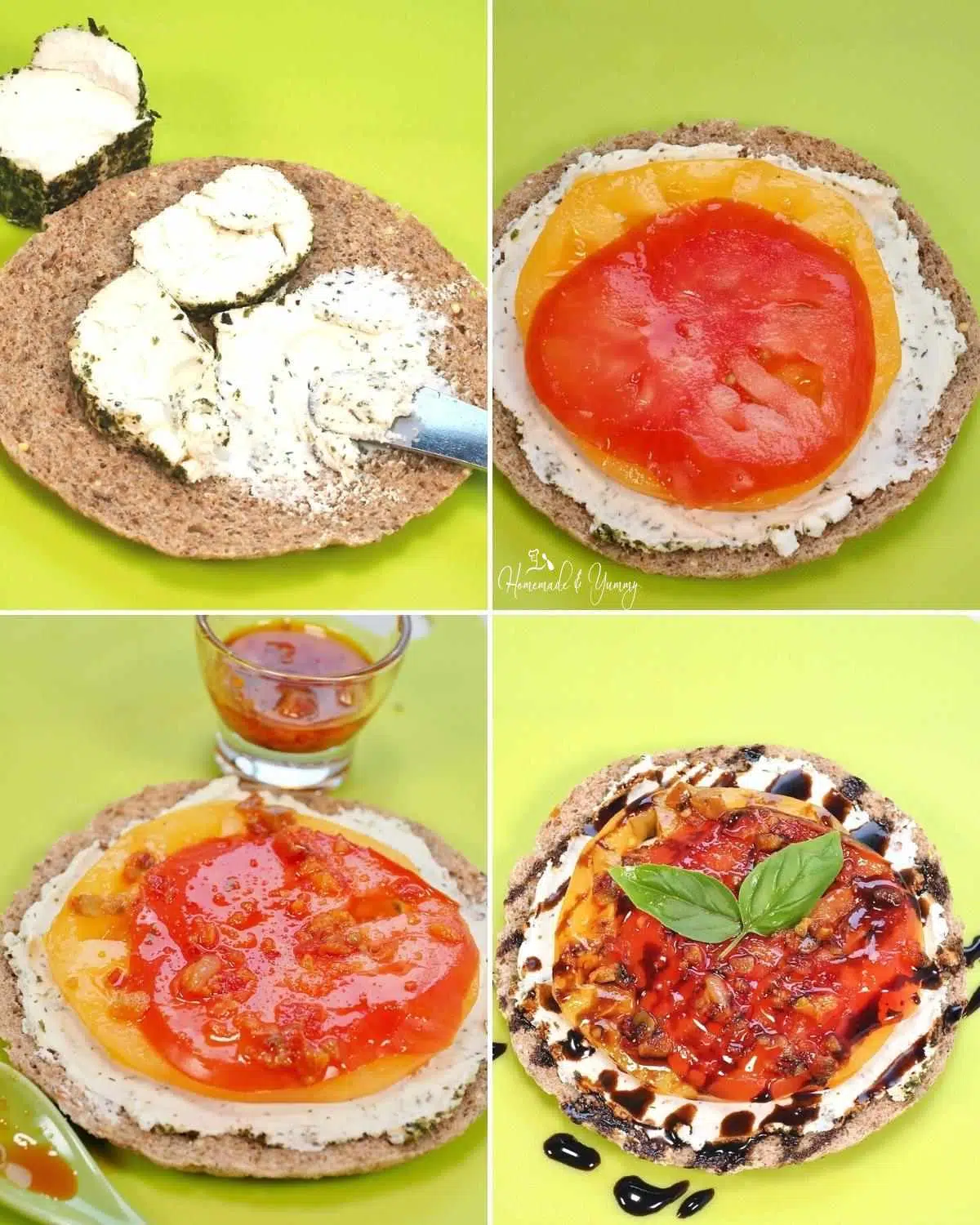 Collage showing steps in making an open sandwich.
