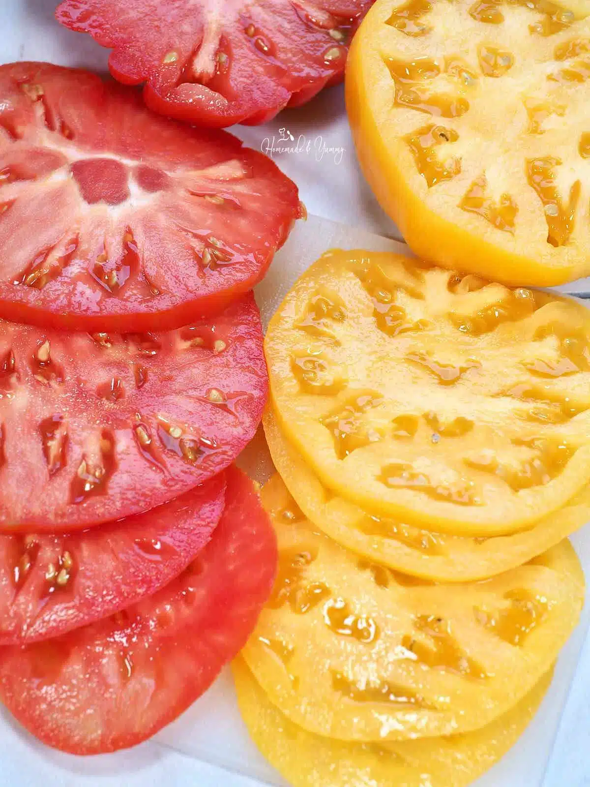 Slices of heirloom tomatoes to put on sandwiches.