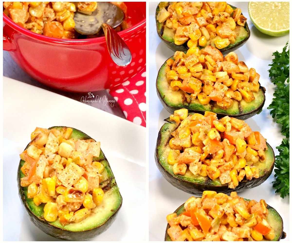 Stuffing the avocado boats.